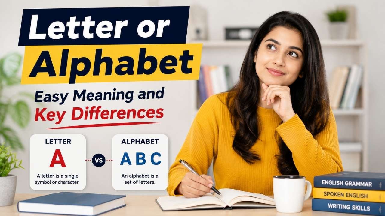 Letter vs Alphabet comparison table explaining their meanings, purposes, examples, and key differences in a clear educational infographic.