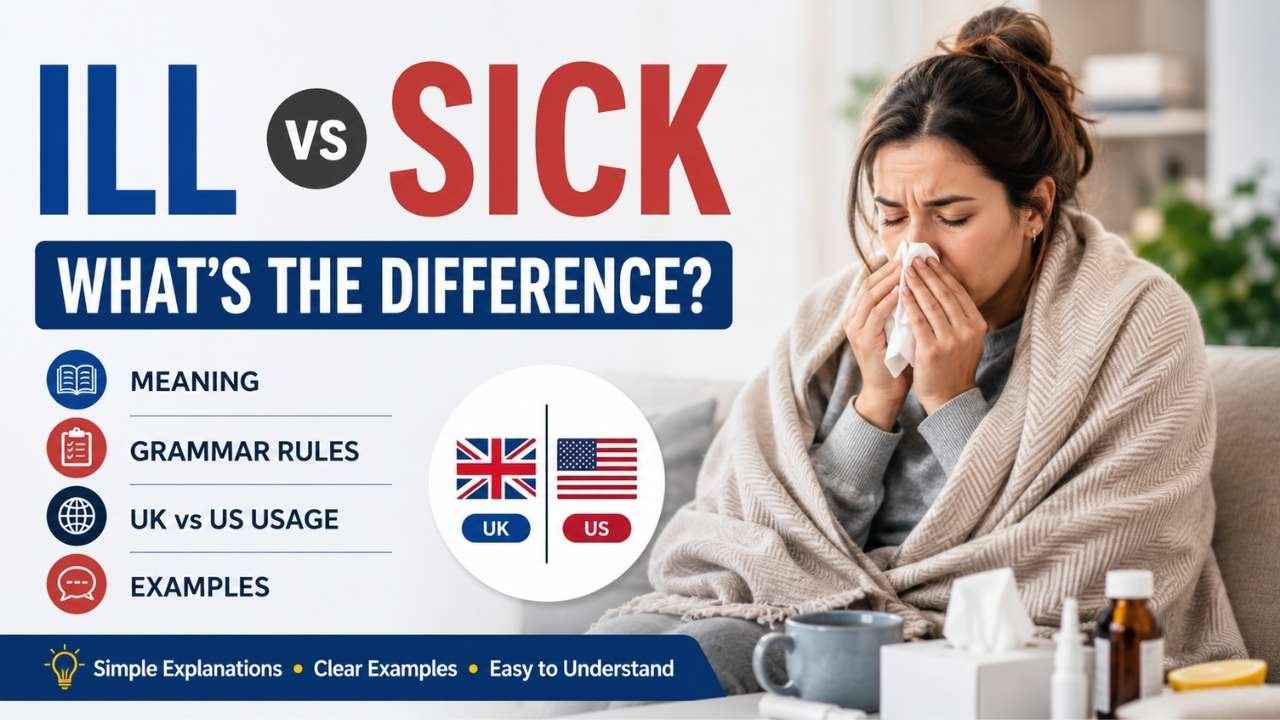 In this guide, you'll discover ill vs sick explained with simple grammar rules, clear examples, and practical tips. 