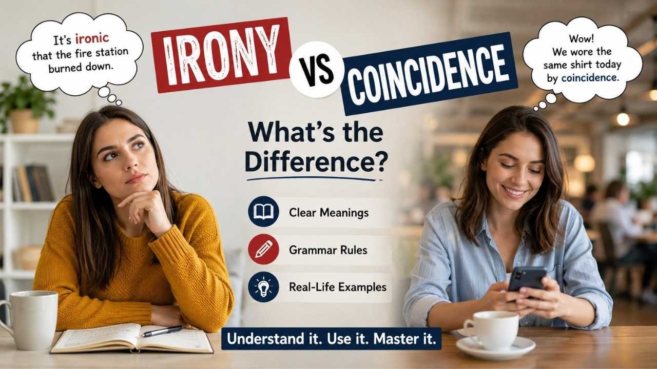 Irony vs coincidence comparison showing their meanings, key differences, and examples.