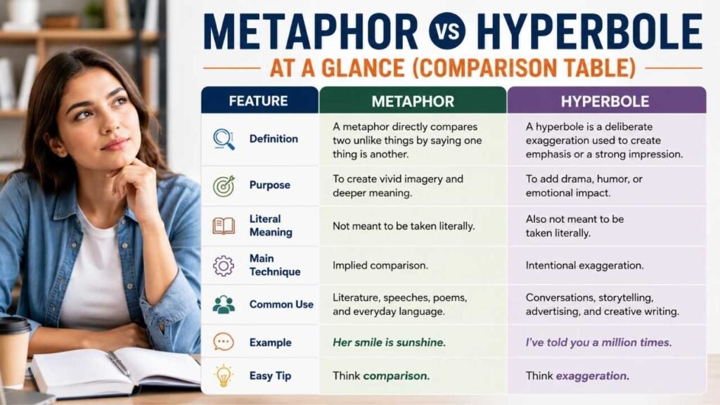 Metaphor vs Hyperbole at a Glance (Comparison Table)
