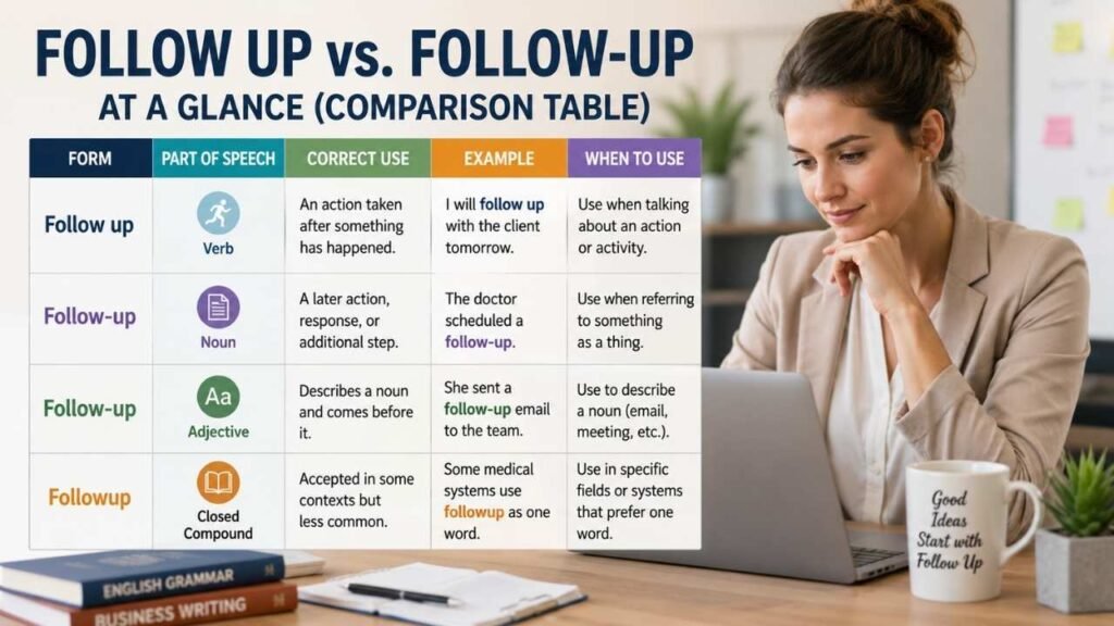 Follow Up vs. Follow-Up at a Glance (Comparison Table)