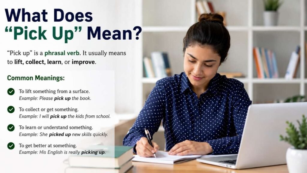 What does “Pick Up” mean? A woman studying while an infographic explains pick up as a phrasal verb with common meanings and examples.