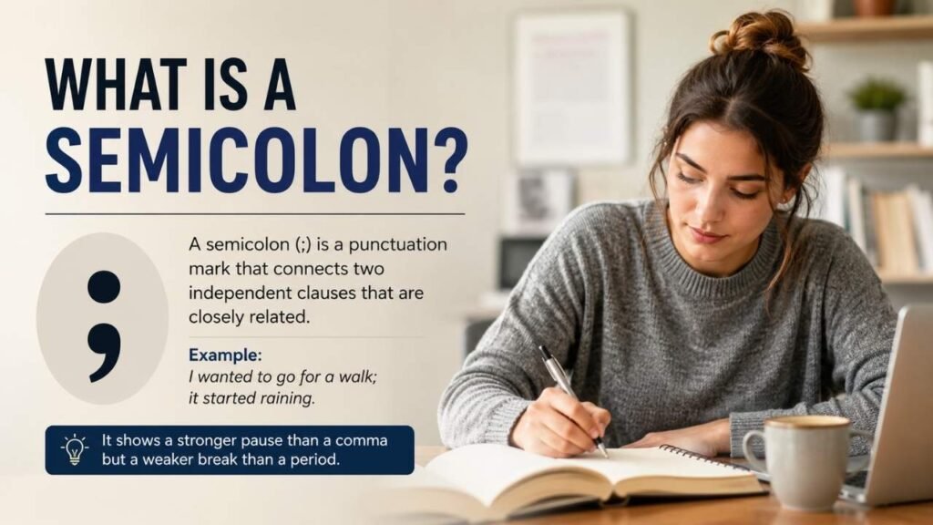 A woman studying at a desk with a visual explanation of the semicolon punctuation mark, its meaning, and an example sentence.
