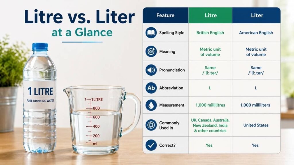 Litre vs Liter at a glance showing spelling, meaning, pronunciation, measurement, and regional usage