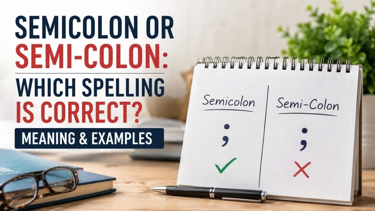 A comparison of the correct spelling “semicolon” and the hyphenated “semi-colon” on a writing desk.