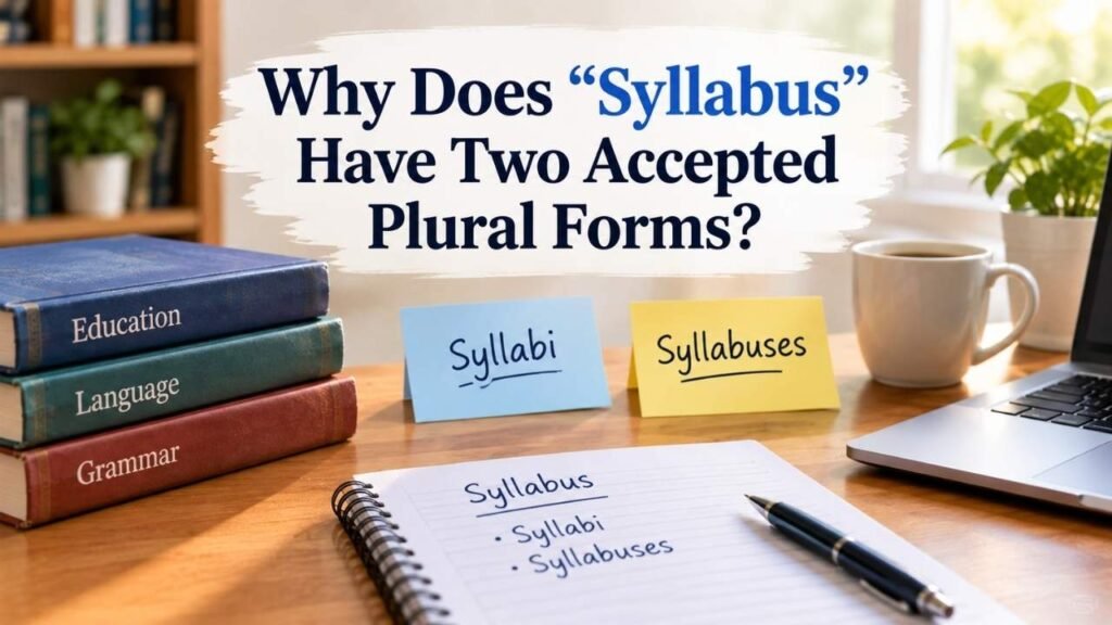 Educational image explaining why syllabus has two accepted plural forms, syllabi and syllabuses