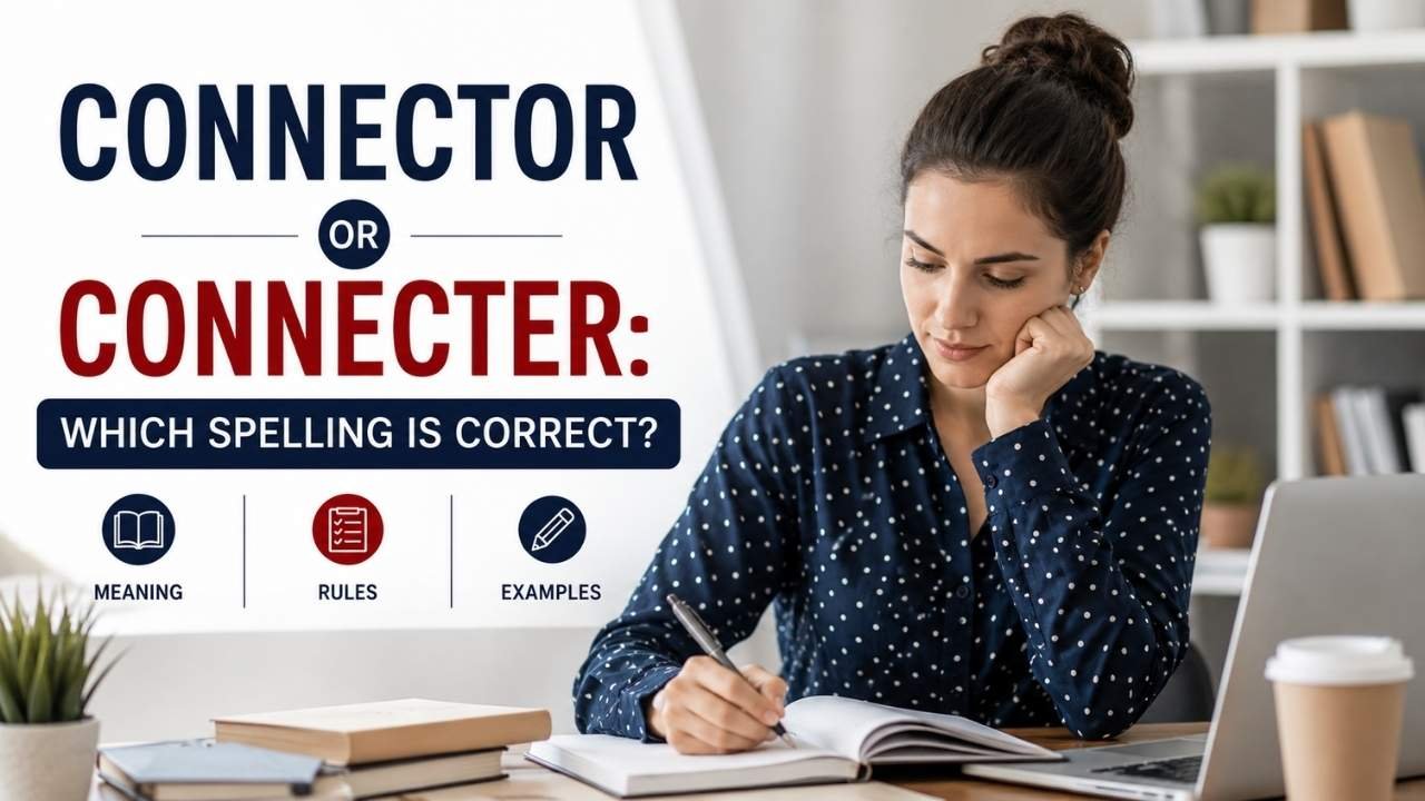 Connector or Connecter spelling comparison with a woman studying the correct English spelling, meaning, rules, and examples.