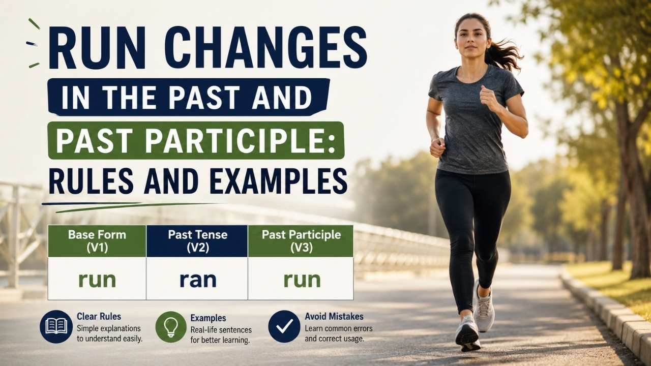 Run verb forms in the past tense and past participle with grammar rules and examples.