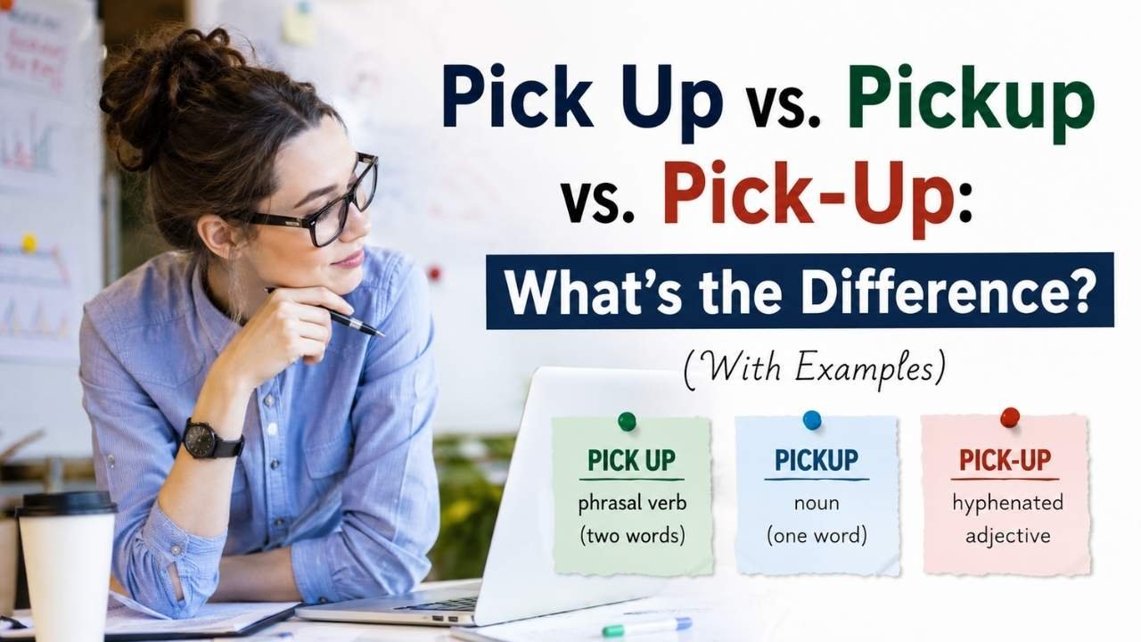 Pick Up vs. Pickup vs. Pick-Up comparison showing the grammar differences between the three forms with examples.