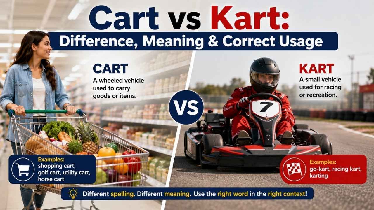 Woman pushing a shopping cart filled with groceries in a supermarket, showing the meaning and uses of “cart.”