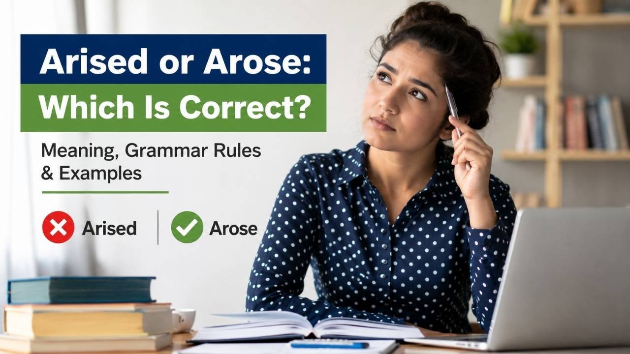 Arised or Arose grammar comparison with a human student studying at a desk and clear visual indicators showing “Arised” and “Arose.”