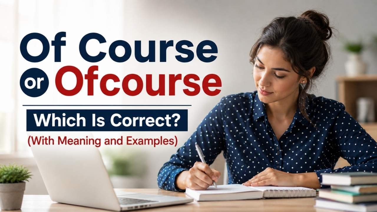Woman studying the correct spelling of “Of Course” or “Ofcourse” while working at a desk.