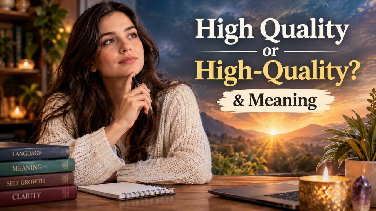 Realistic woman studying at a desk with books and a laptop, representing the difference between “high quality” and “high-quality” and their correct usage.