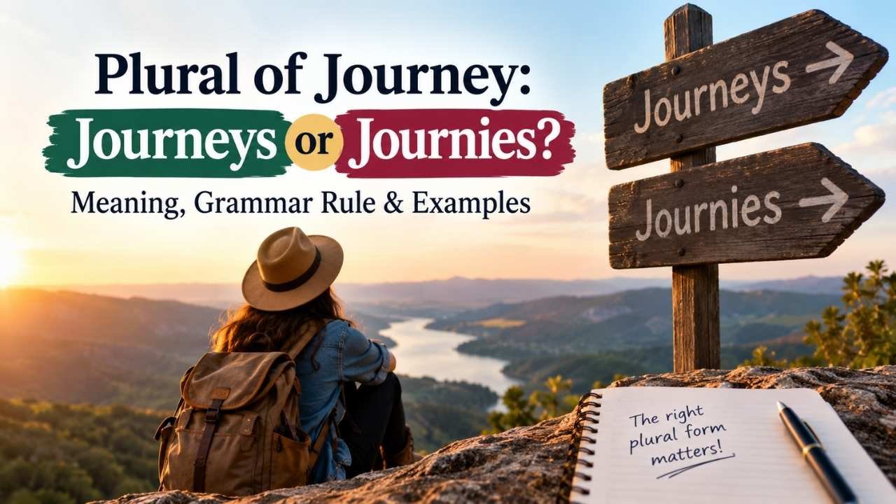 Realistic traveler with a backpack overlooking a scenic mountain valley, illustrating the correct plural of journey, “journeys,” with grammar examples.