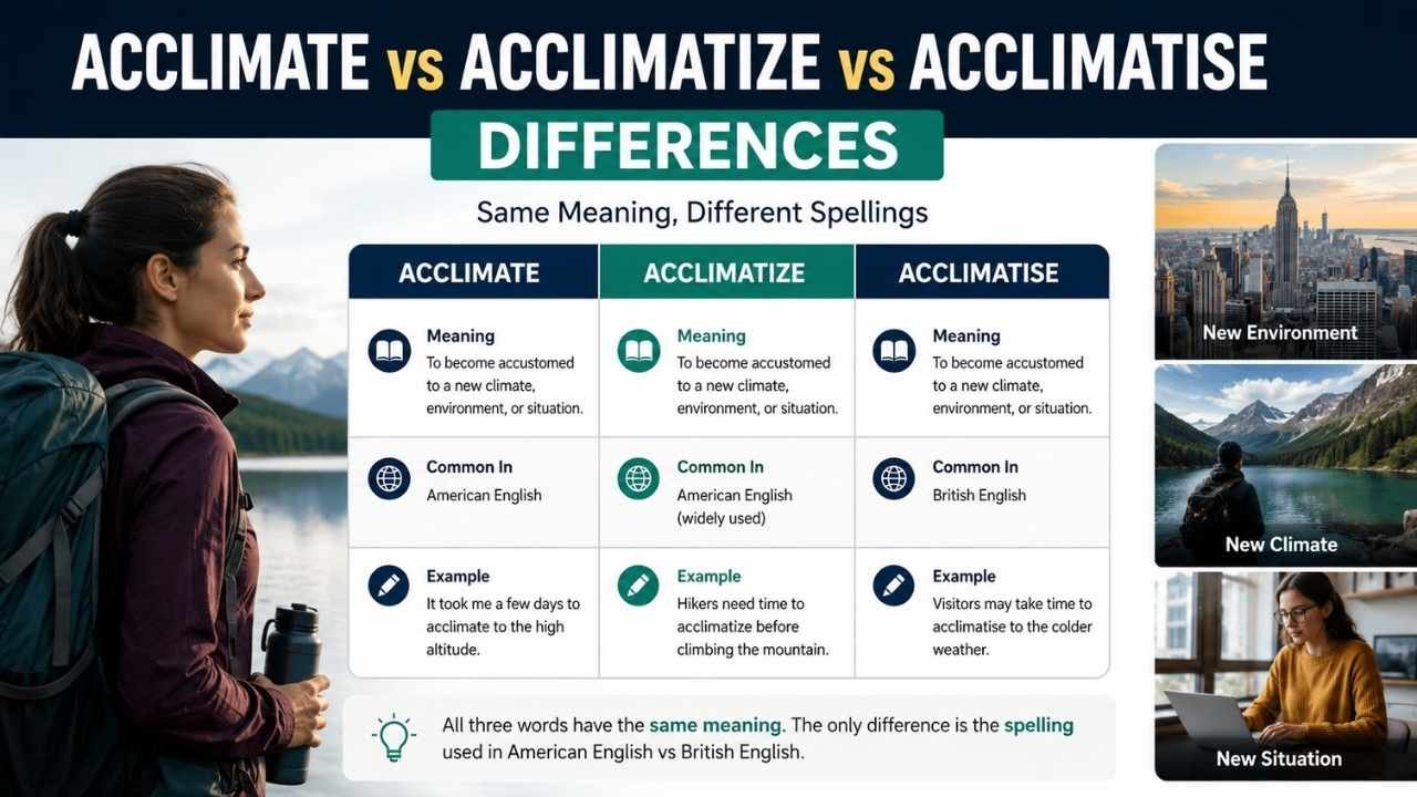 Acclimate vs Acclimatize vs Acclimatise differences showing the same meaning and American and British English spelling.