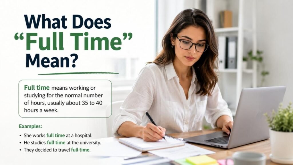 Woman working at a desk with a laptop while an infographic explains the meaning and examples of “full time.