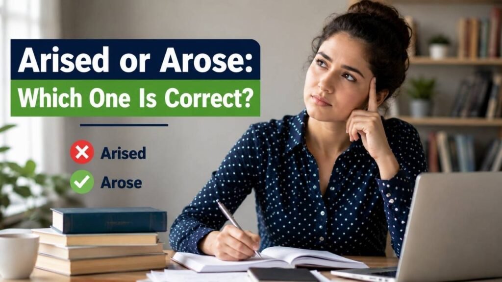 Arised or Arose correct usage shown in a realistic study setting with a woman writing in a notebook beside a laptop and books.