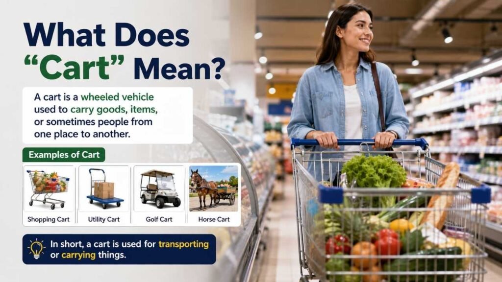 Realistic split image comparing cart and kart, with a shopper using a grocery cart and a driver racing a go-kart, explaining their different meanings and usage.