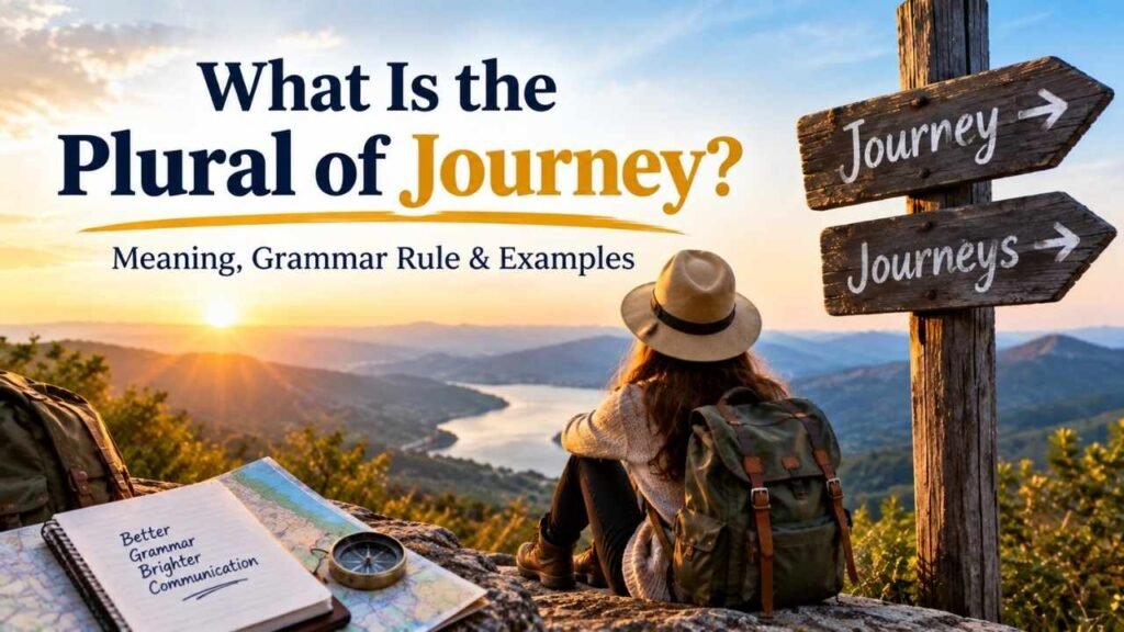 Realistic hiker overlooking mountains at sunrise with a journey signpost, illustrating the meaning and correct plural form “journeys.”
