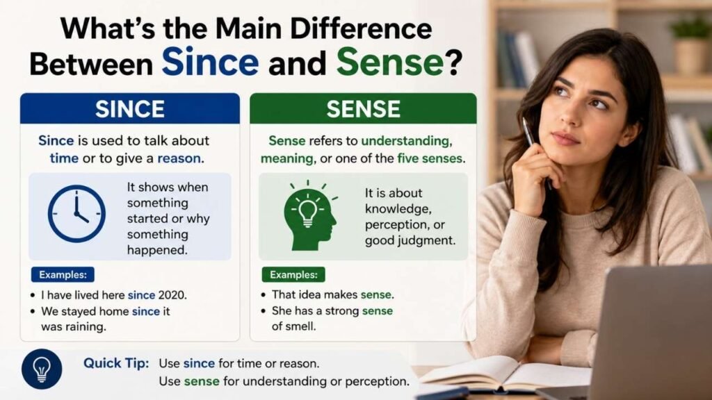 Main difference between since and sense explained with examples, showing since for time or reason and sense for understanding or perception.